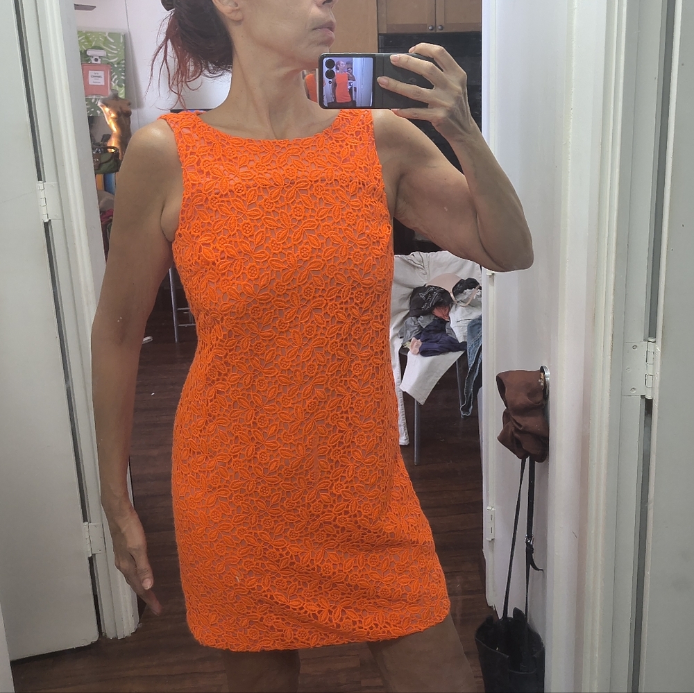 J Crew collection Neon Orange lace Sheath dress Mini Size 8